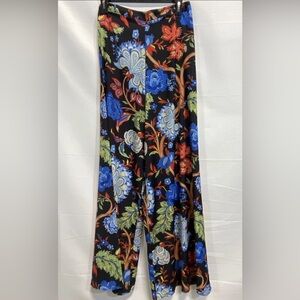Alice + Olivia Black Wide-Leg Floral Trousers with Blue & Red Accents
